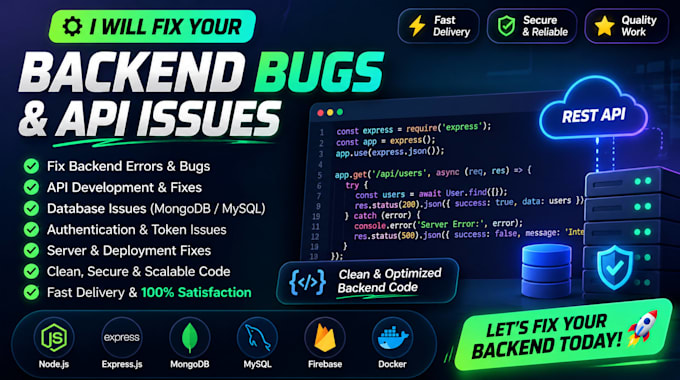 fix node js express js backend bugs API and database issues