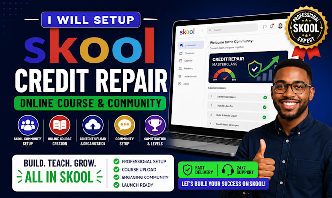 setup skool credit repair online course content creation upload community expert