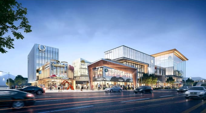 remodel shopping complex, retail store design, commercial mall, cgi plaza facade