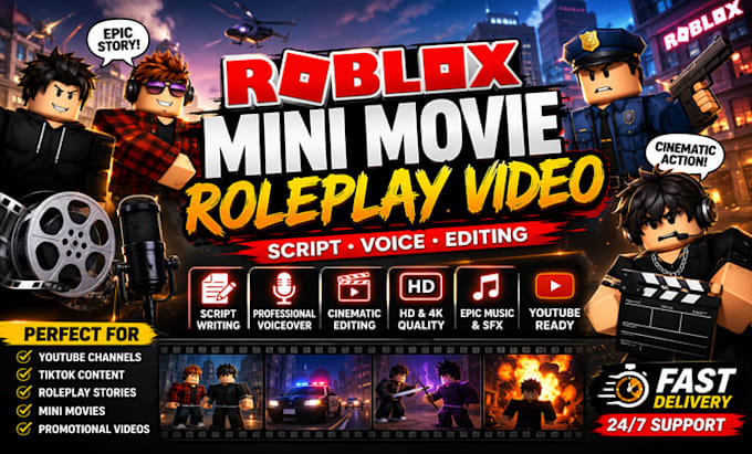 create a roblox mini movie roleplay video with script voice and editing