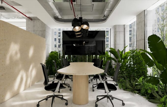 redesign 3d office interior from layout, 3d space mockup, conference room render