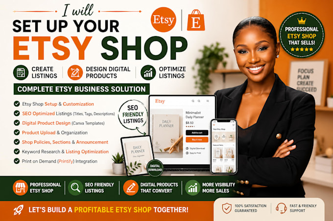 setup etsy shop, create etsy listing, esign digital product and optimize seo