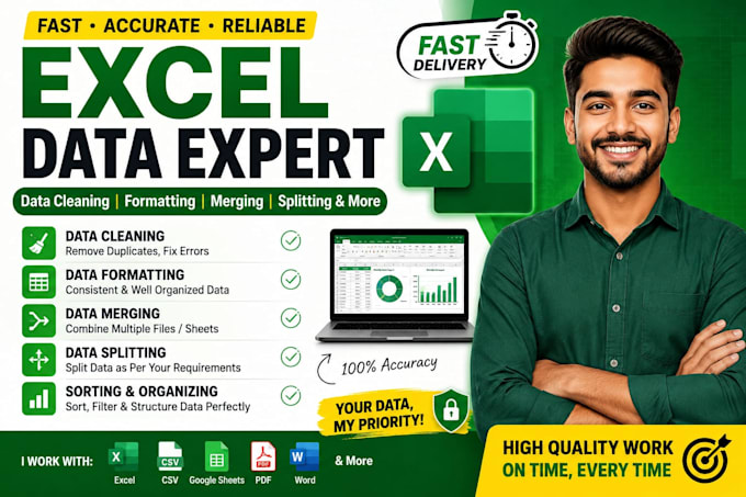 clean, format, merge, split excel data