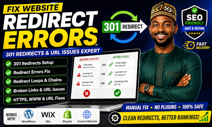 fix website redirect errors, 301 redirects and URL issues