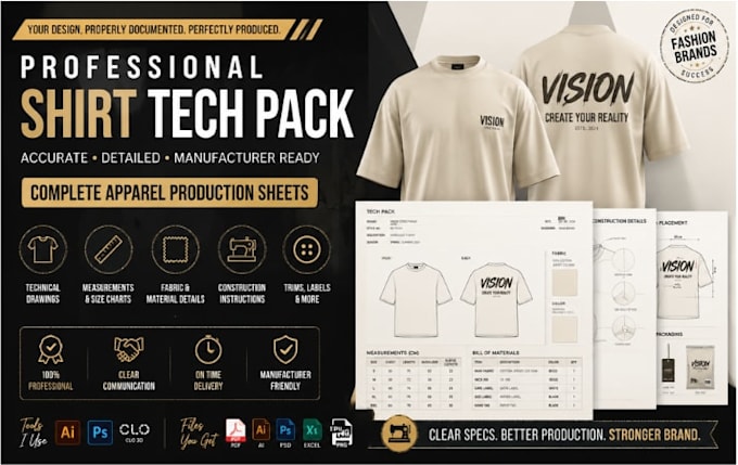 professional t shirt tech pack with technical drawings