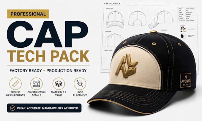 create cap tech pack, hat, dad cap and snapback ready for manufacturing