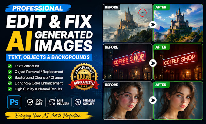 fix complex ai generated images, text, objects and backgrounds