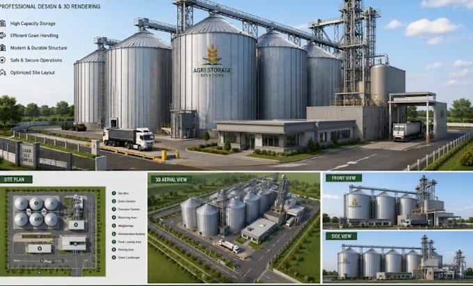 design a professional grain silo complex with 3d rendering