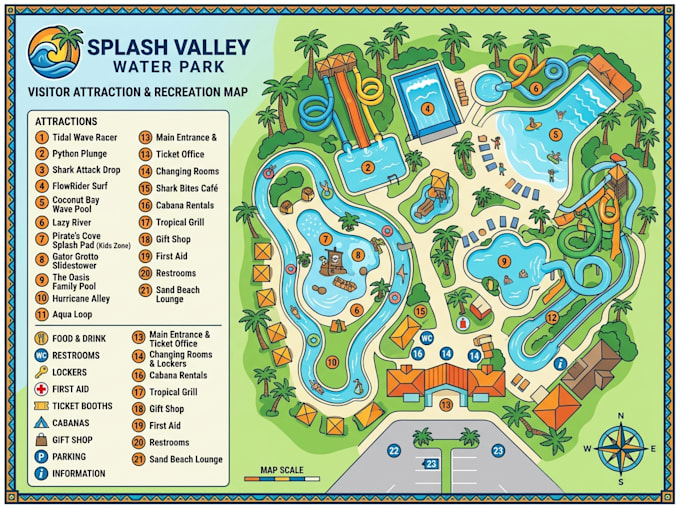 create water park map, attraction map, recreation map, visitor map, vector map