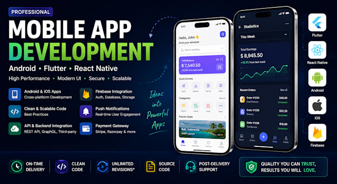 develop android, flutter, react native mobile app