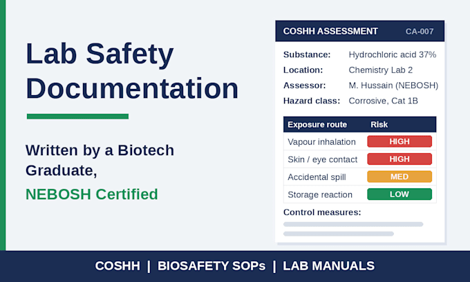 write lab safety documents, biosafety sops and coshh assessments