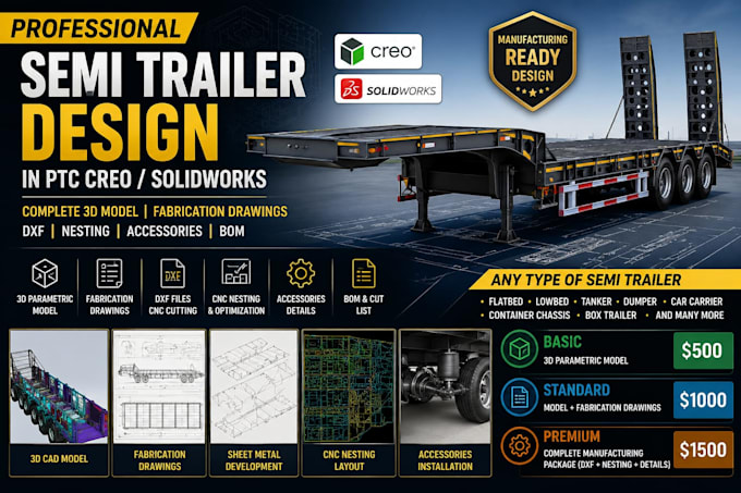 model semi trailer in PTC creo with full fabrication drawing