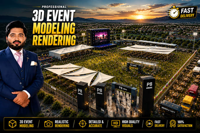 create realistic render of 3d event, exhibition and festival designs