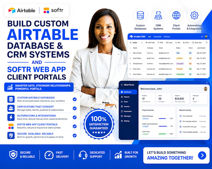 build custom airtable database CRM systems and softr webapp client portals
