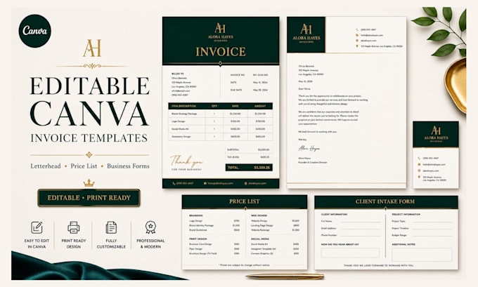 desgn editable canva invoice template, letterhead, pricelists and business forms