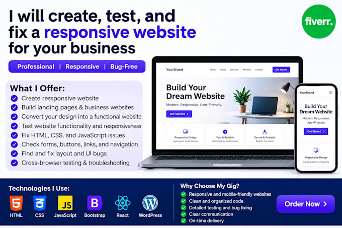 create, test, and fix a responsive website for your business