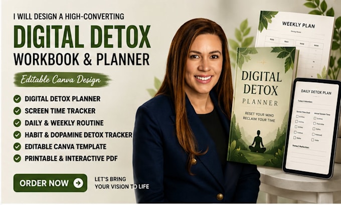 design digital detox workbook, planner and editable canva wellness journal