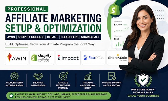 create and setup awin, shopify collabs, impact, flexoffers shareasale for you