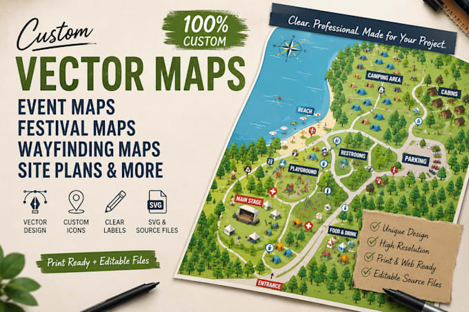design custom vector map, event map, svg map and wayfinding illustration