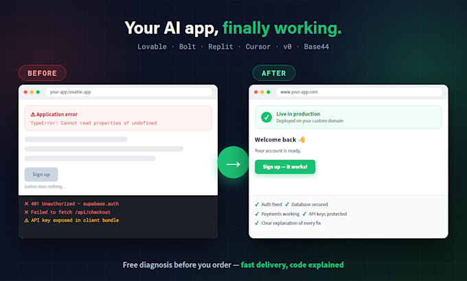 fix your ai generated app from lovable bolt replit or cursor