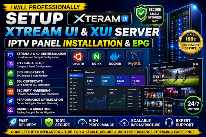 professionally setup xtream UI , xui server, iptv panel installation and epg