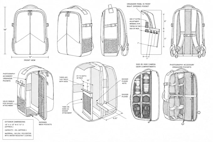 design camera bag, backpack, handbag, purse with tech pack