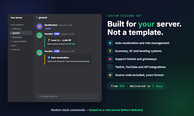 create a custom discord bot with moderation economy and slash commands