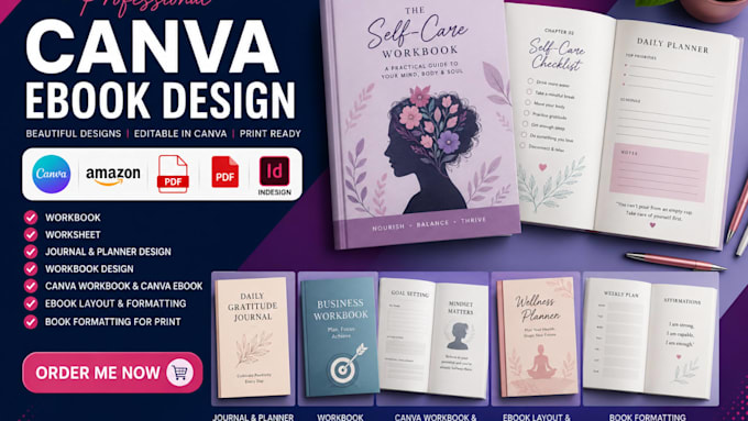 do canva ebook design, workbook worksheet, journal guide formatting