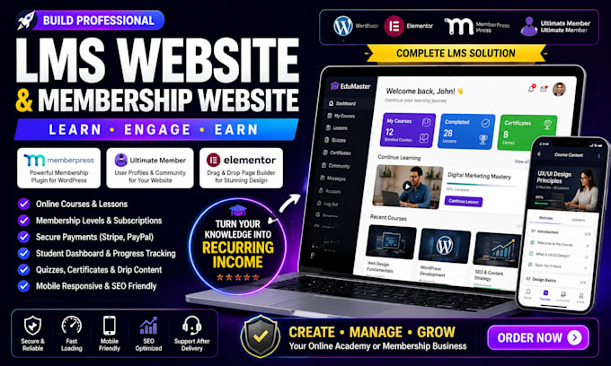 build lms website ultimate membership memberpress wordpress elementor website