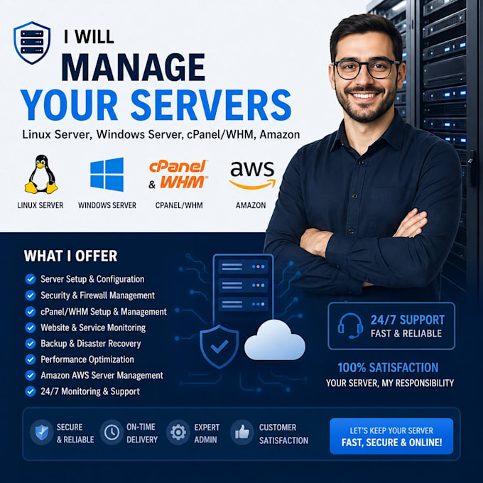 manage iinux server, window server, cpanel, whm, amazon