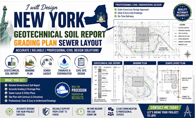 design new york geotechnical soil report grading plan sewer layout