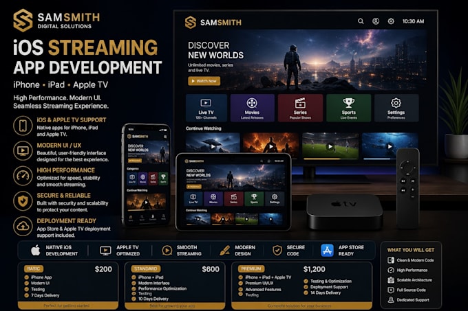 develop a custom ios streaming app for iphone and apple TV