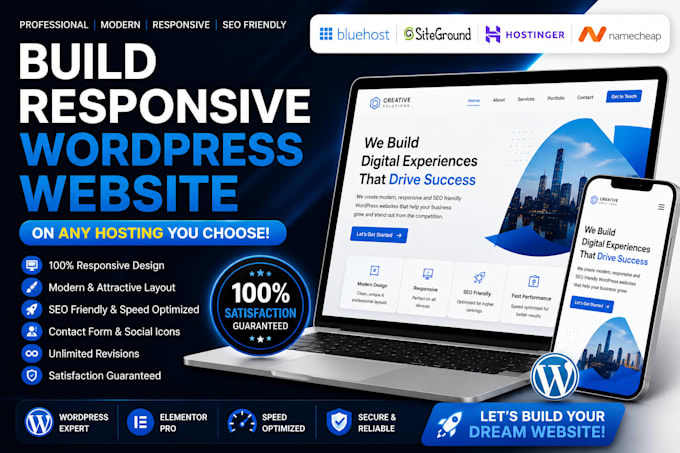 build responsive wordpress website on bluehost siteground hostinger namecheap