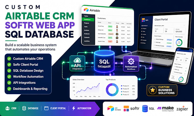 build custom airtable crm softr web app and sql database for business automation