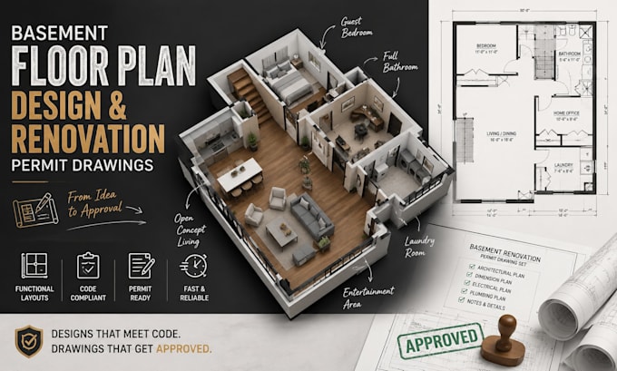 basement floor plan design and renovation permit drawings