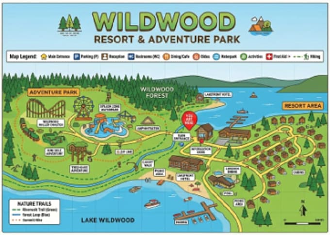 design custom vector map park map resort map, visitor map tourist map wayfinding