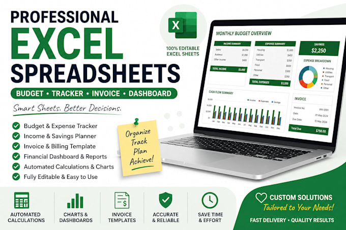create editable excel spreadsheets, budget trackers, invoices and dashboards