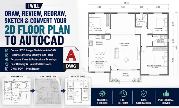 draw, review, redraw, sketch and convert your 2d floor plan to autocad