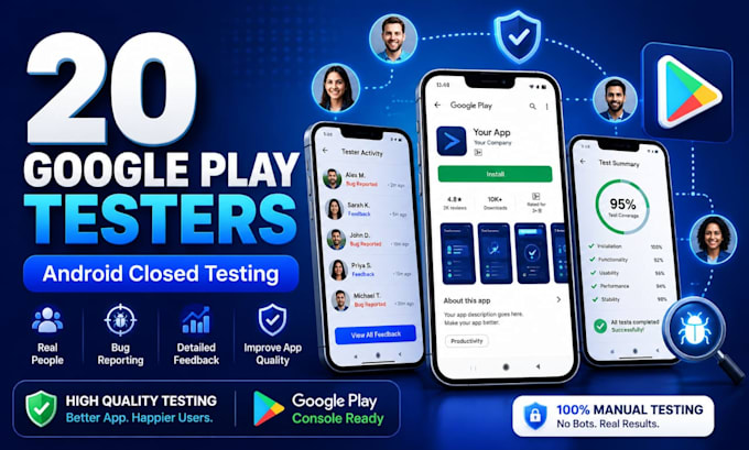 provide 20 google play testers for android app closed testing
