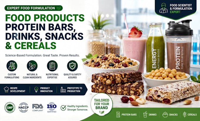 formulate food products, protein bars, drinks, snacks and cereals