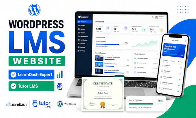 design wordpress lms website, elearning website using learndash or tutor lms