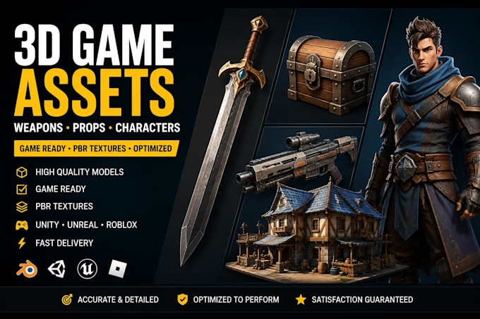 create 3d game asset, weapons, props and 3d character models with pbr textures