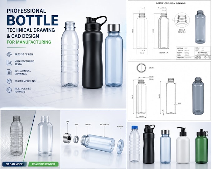 create professional bottle technical drawing for manufacturing