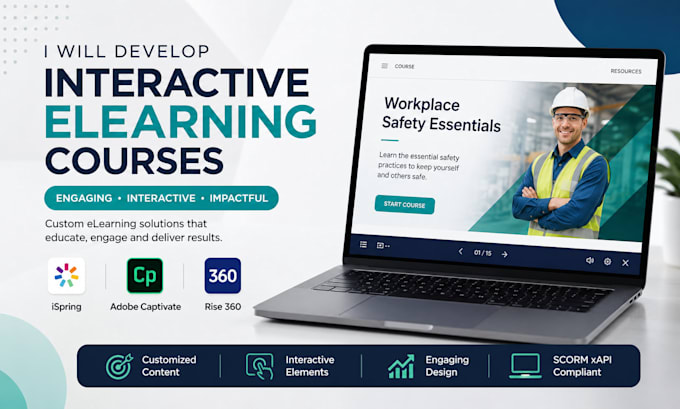 develop interactive elearning courses using ispring, adobe captivate, rise 360