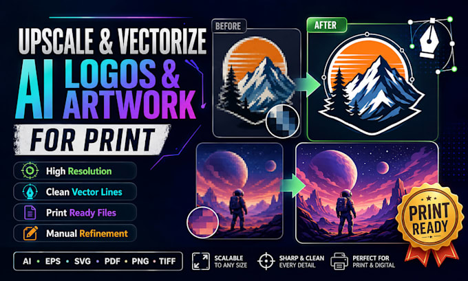 upscale and vectorize ai logo and artwork for print