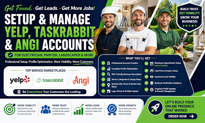 setup yelp taskrabbit angi account management for electrician painter landscaper
