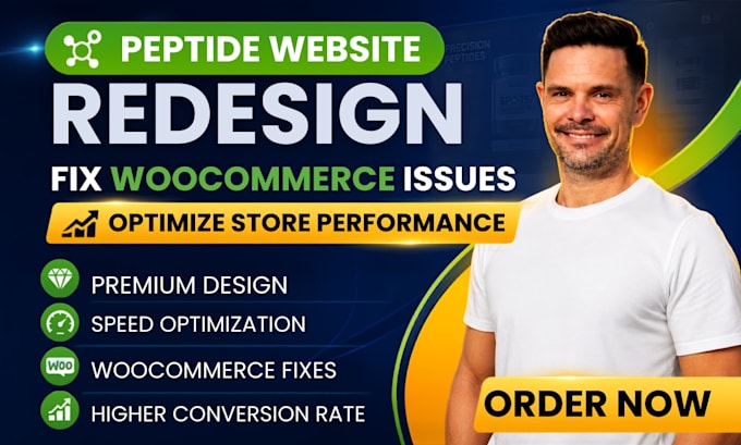 redesign peptide website, fix woocommerce issues and optimize store performance