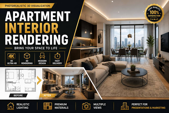 create photorealistic apartment interior rendering and 3d visualization