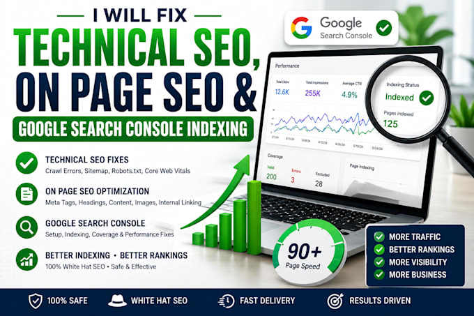 fix technical SEO, on page and google search console indexing