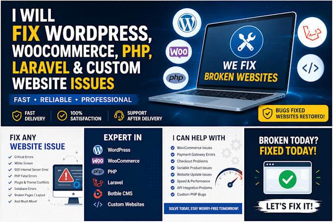 fix broken wordpress, woocommerce, PHP, laravel or custom website
